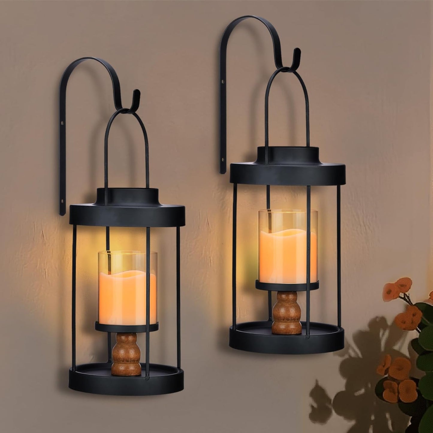 Metal Wall Sconce Candle Lantern Set of 2 - Black Wall Mounted Wood and Metal Hanging Holder with Glass & Candles Vintage Wall Decor for Porch, Living Room, Dining Room, Bedroom Indoor Decor