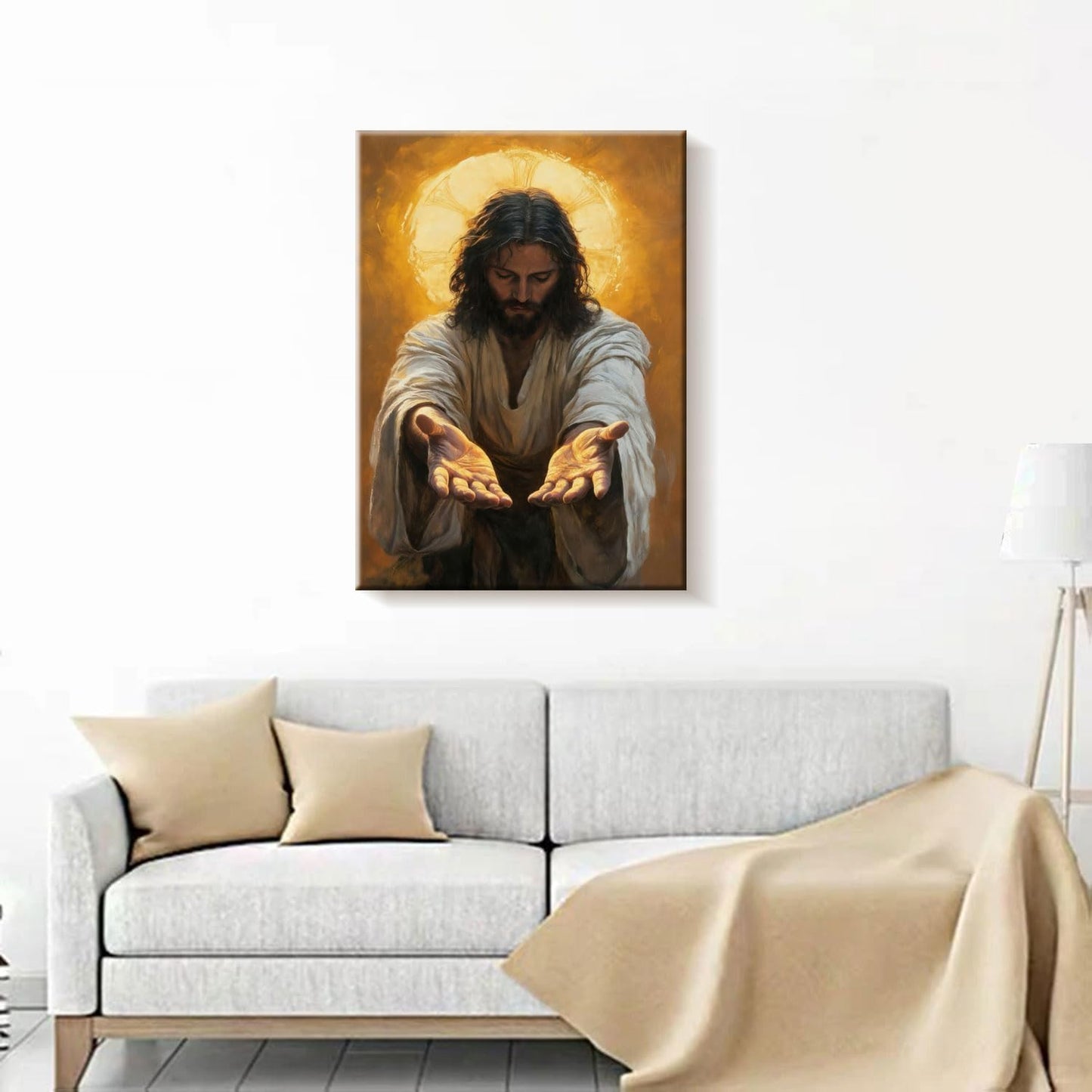 Framed Jesus Canvas Wall Art Painting with Gold Halo Christian Religious Poster Inspirational Christian Gallery Decor Painting Home Church Prayer Room Wall Hanging Print 16x24 Inch Ready to Hang