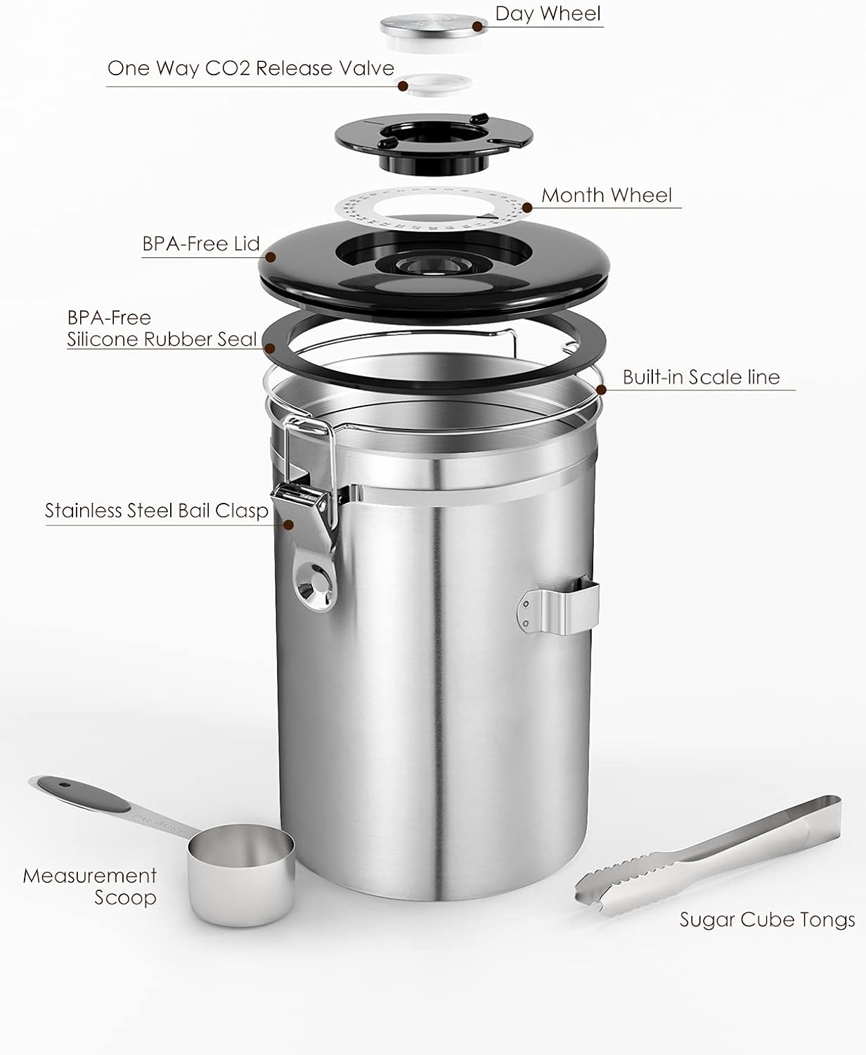 HAIOOU Airtight Coffee Canister, 16OZ Small Stainless Steel Coffee Bean Storage Container with Date Tracker, Measuring Scoop, CO2 Releasing Valves and Mini Tongs for Beans, Grounds and more - Silver