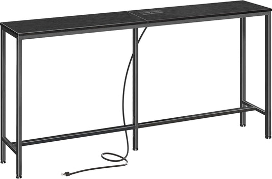 SUPERJARE Console Table with Outlet, 63 Inch Sofa Table with Charging Station, Narrow Entryway Table, Skinny Hallway Table, Behind Couch Table, for Living Room, Plants, Black