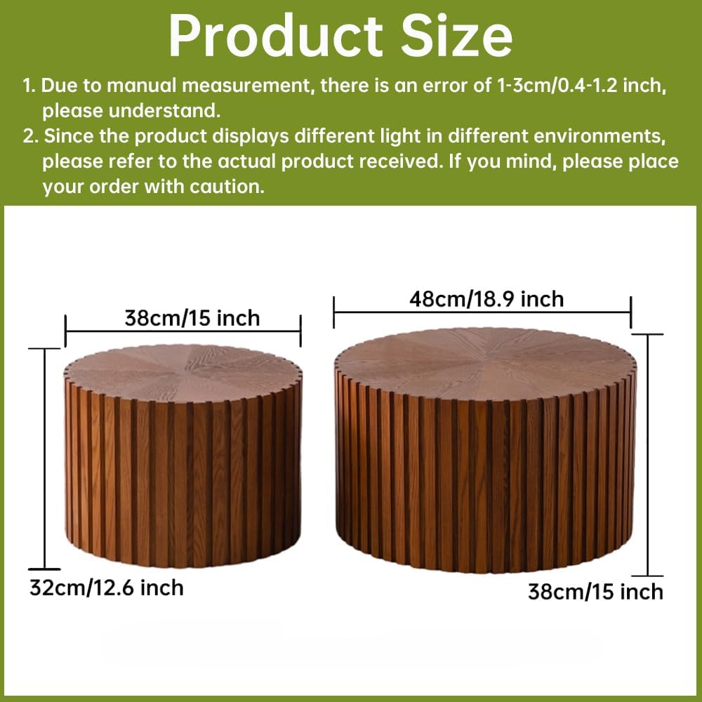 Round Nesting Coffee Table Set of 2 Small Round Coffee Tables for Living Room Modern Fluted Coffee Table Circular End Table Side Table for Small Spaces No Assembly (Brown, 18 in)