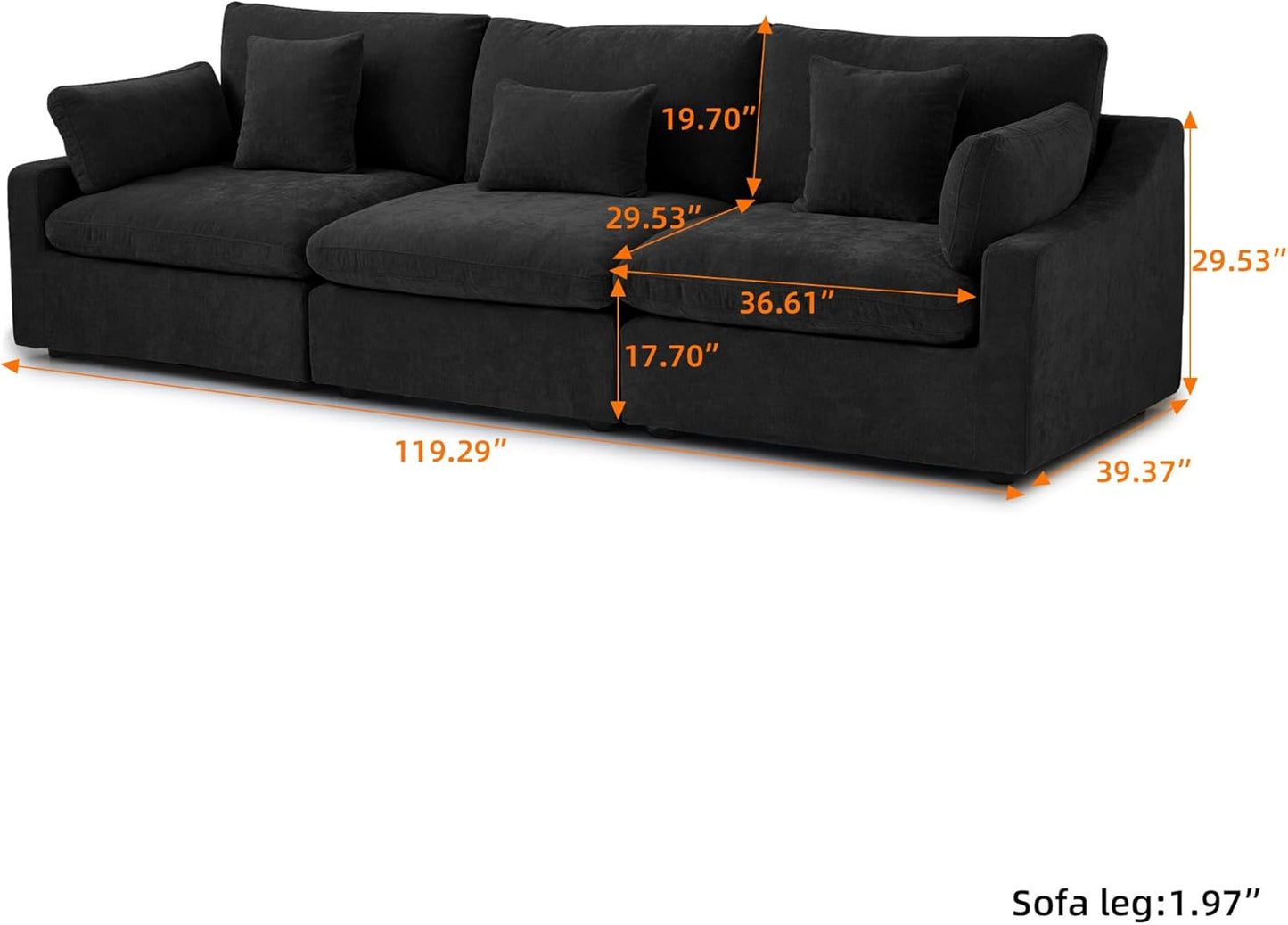 JACH U Shaped Sectional Couches, Cloud Sectional Couch with Deep Seat, 119" Down Filled Modular Sofa with Chaise, Covers Removeable & Washable, Sofas Furniture for Living Room, Black