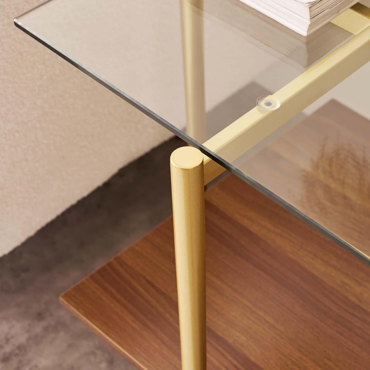 Glass End Table, Mid-Century Modern Design Sofa Table, for Living Room, 2-Tier Structure, Clear Glass Top and Walnut MDF Shelf, Sleek Conical Metal Legs with Gold Finish Frame