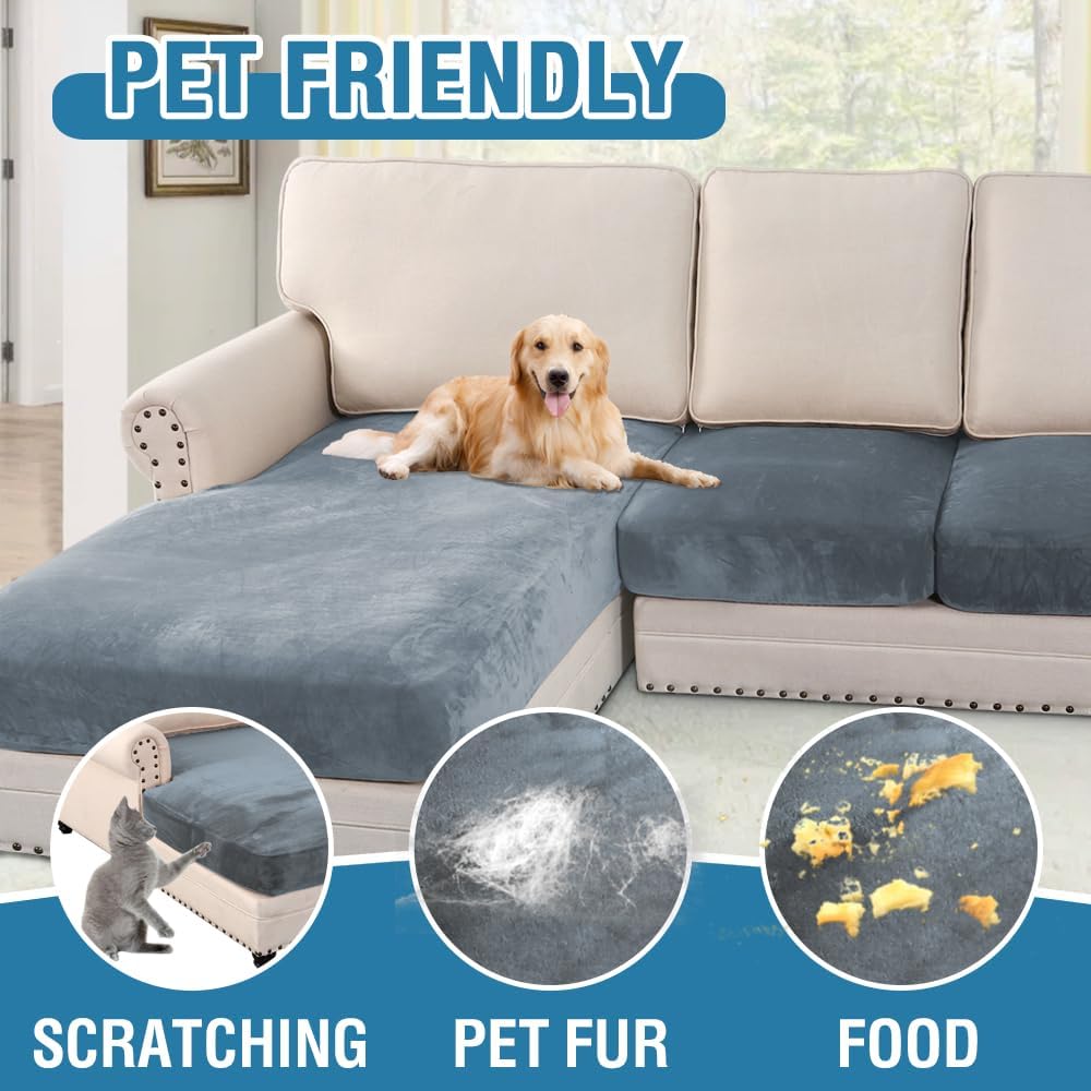 H.VERSAILTEX Velvet Stretch Sectional Couch Covers 3 Pieces Sofa Seat Cushion Covers L Shape Separate Cushion Couch Chaise Cover for Both Left/Right Couch (Large Sofa 2 Seater + 1 Chaise, Stone Blue)