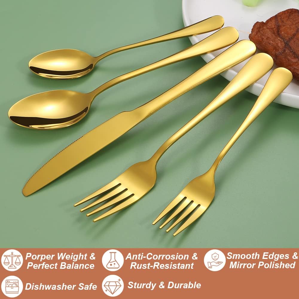 Lazycorner 20 Pcs Gold Silverware Set for 4, Food Grade Stainless Steel Flatware Set Include Fork/Knife/Spoon, Mirror Polished Eating Utensils Sets, Reusable Silverwear Cutlery Set, Dishwasher Safe