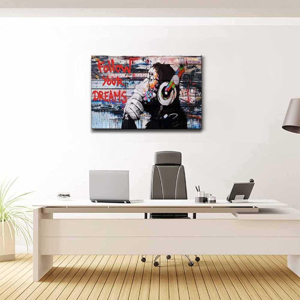 Framed Banksy Graffiti Canvas Wall Art Follow Your Dreams Monkey Poster With Headphones Prints Street Painting Picture Man Cave Wall Decor Pop Art for Living Room Ready To Hang 16"Wx 24"H (40x60cm)