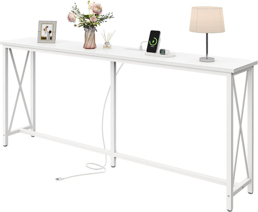 SUPERJARE 70 Inch Console Table with Outlets and USB-C Port, Extra Long Behind Couch Sofa Table with X-Shaped Design, Narrow for Entryway, Living Room, Metal Frame, Wooden Top, White