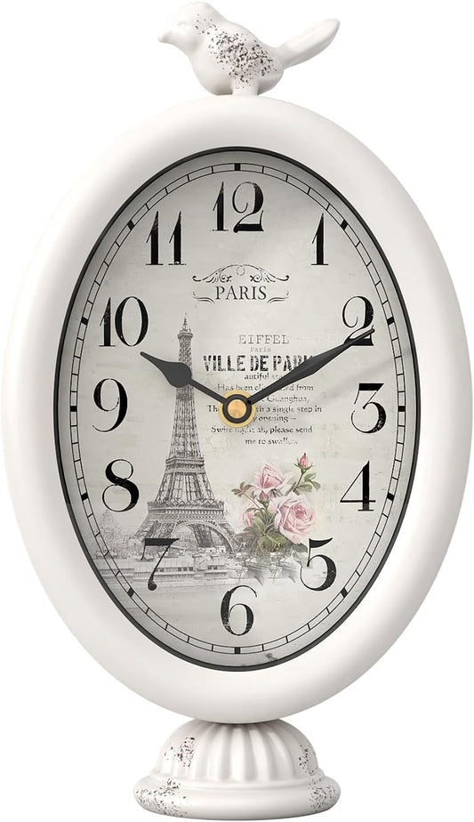 Vintage Table Clock with Bird, Desk and Shelf Decor Clock, French Paris Style, Antique White Metal Mantel Clocks for Living Room, Farmhouse, Bedroom, Bedside, Gift (10" H x 5.9" W)