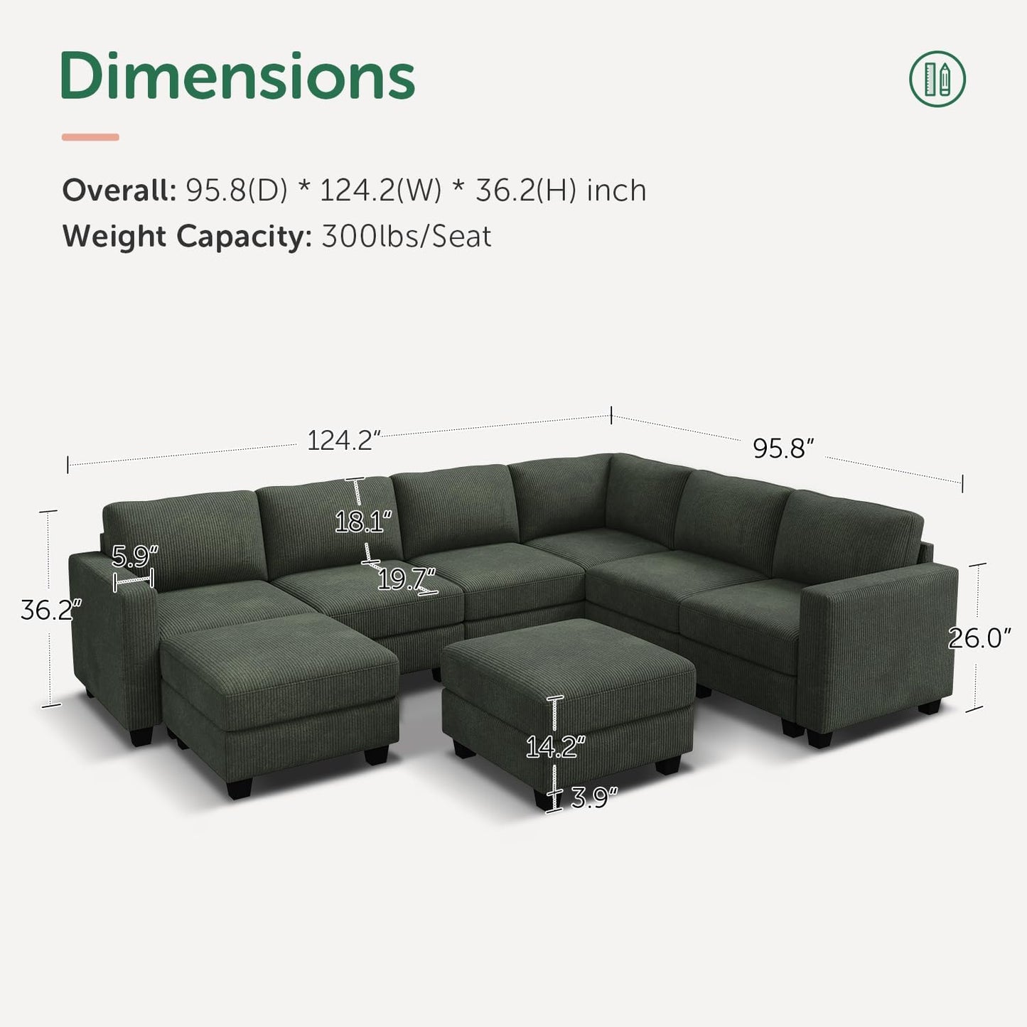 HONBAY Corduroy Sectional Couch with Storage U Shaped Sectional Sofa Modular Sectional Couches for Living Room, Green