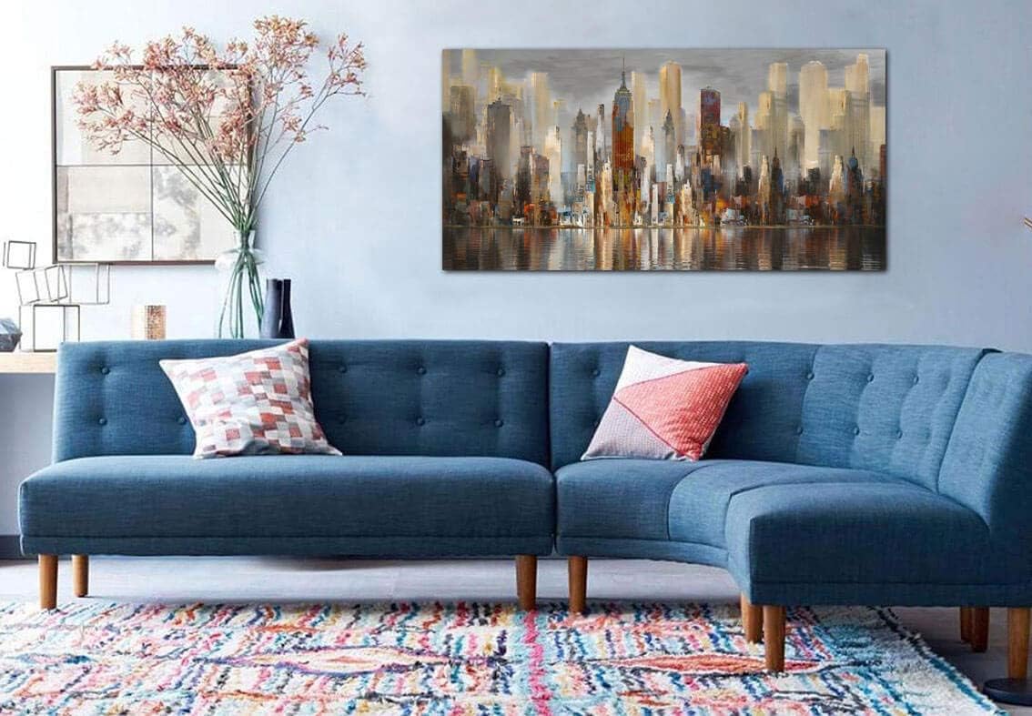 Framed Wall Art Large Cityscape New York Wall Decor Canvas Prints Abstract Brown City Theme Paintings Modern Canvas Wall Art for Living Room Bedroom Big Size 24x48 Framed