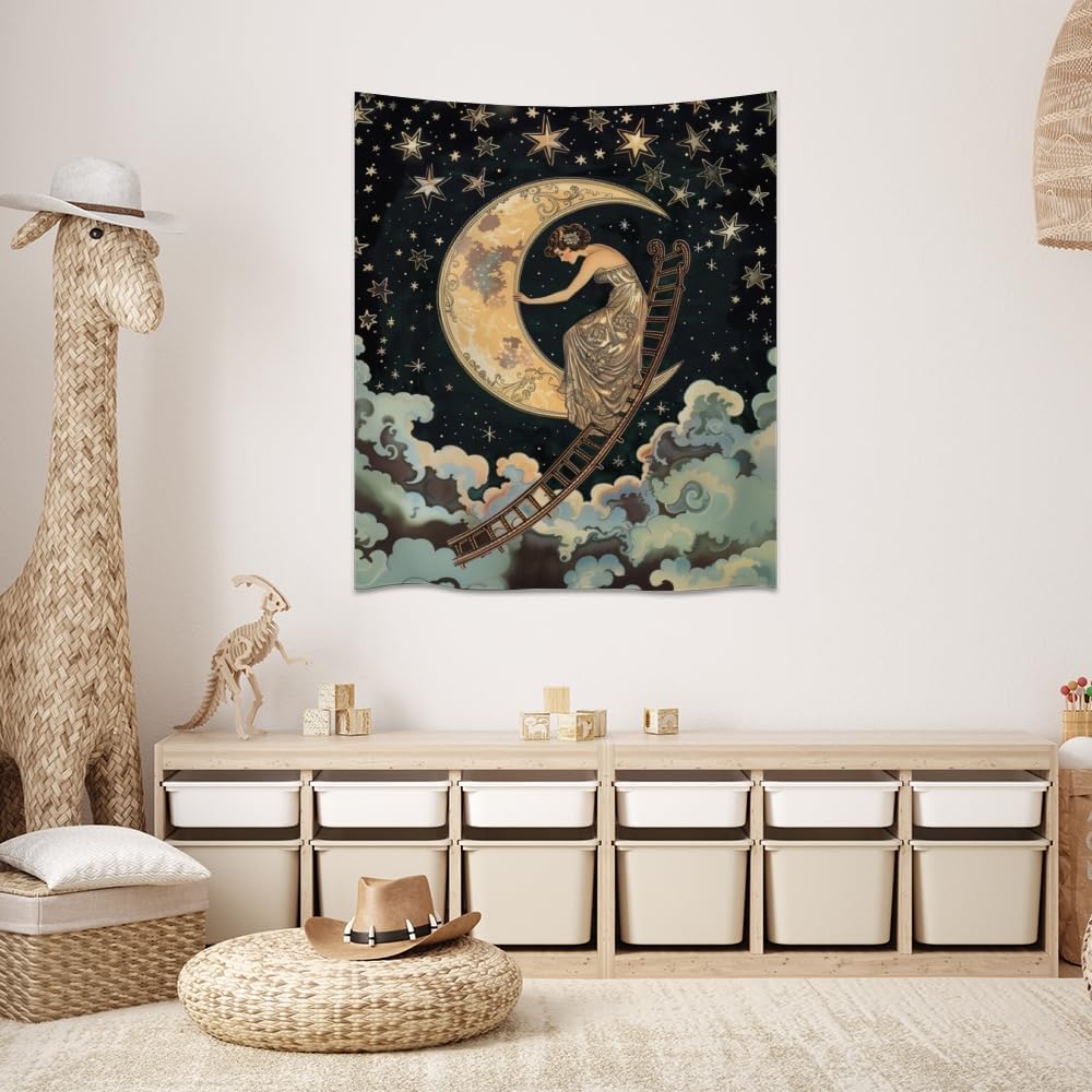 Dark Academia Gothic Aesthetic Tapestry ladder to The Moon and Stars Wall Hanging Print Trendy Vintage Art Nouveau Tapestries Decor for Home Bedroom Living Room 30x40inch