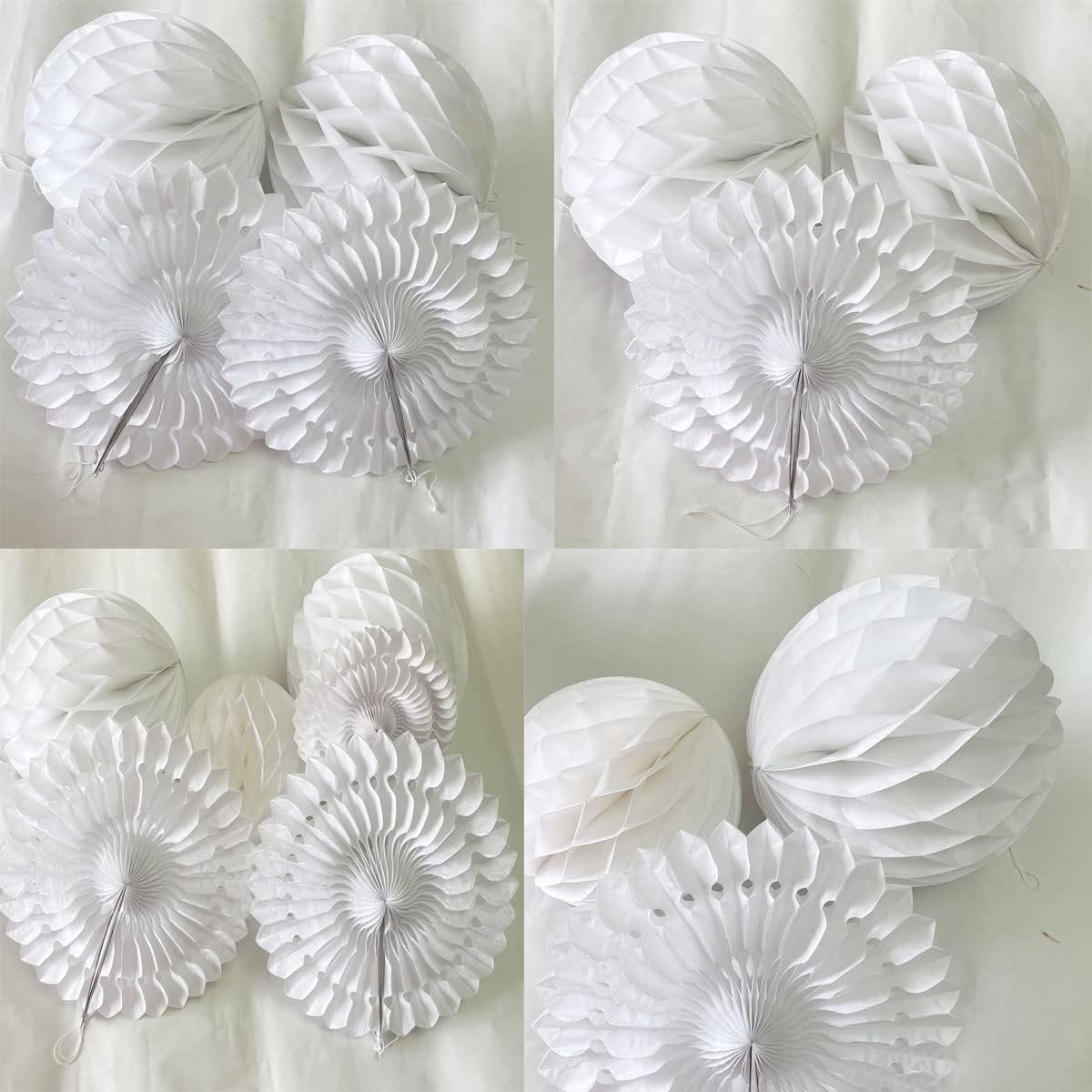12pcs White Honeycomb Balls Tissue Paper Fans Party Honeycomb Ball Fans wall Decorations Tissue Pom Poms Flower Balls Hanging Paper Fans For Party Baby Shower Birthday Wedding Nursery Decor(white kit)