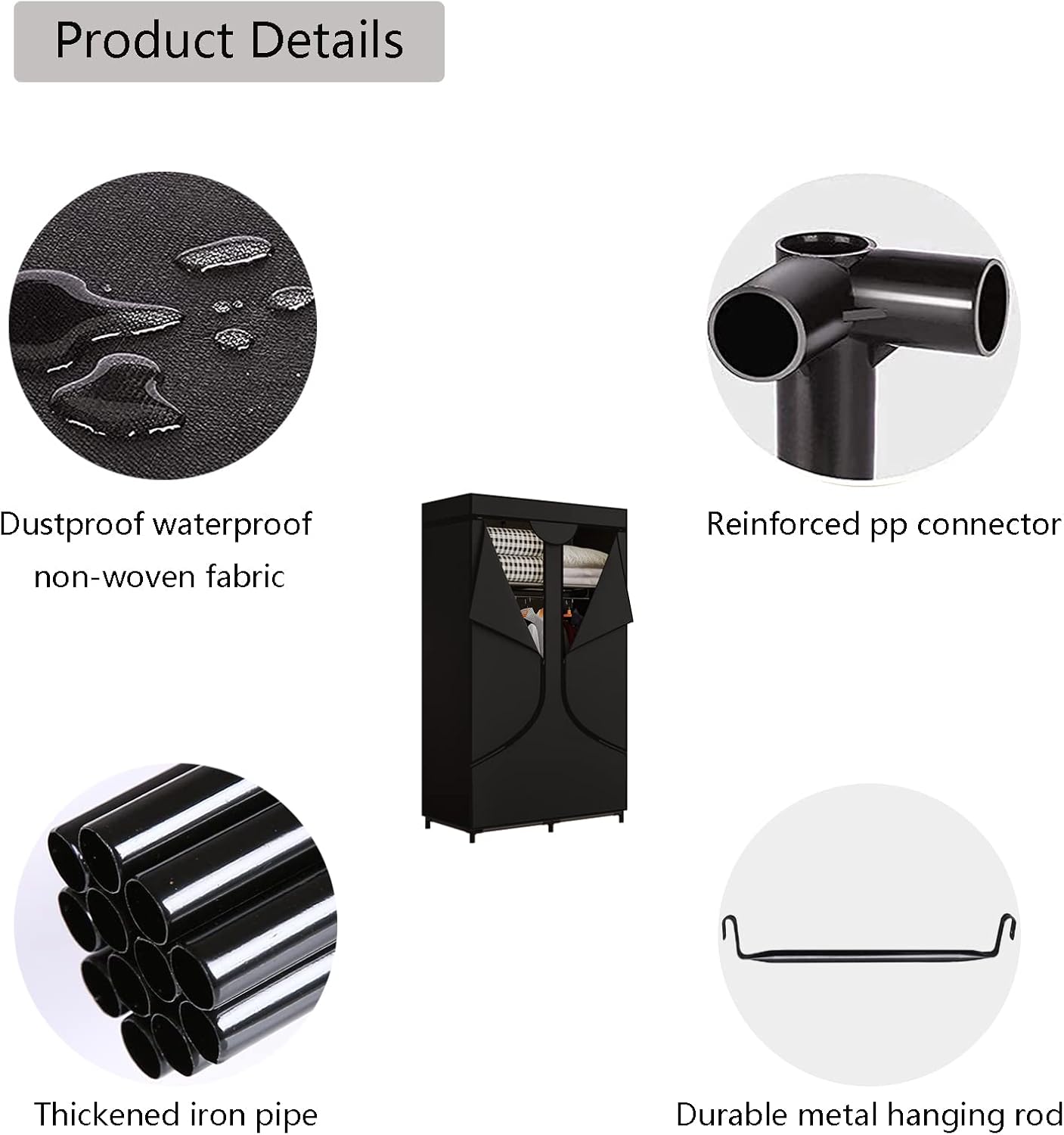 SORCEDAS Portable Wardrobe Closet Storage Organizer Metal Hanging Rack Non-Woven Fabric 34 Inch Black