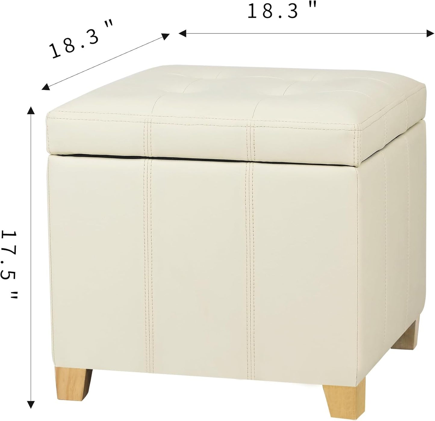 Adeco Faux Leather Storage Ottoman with Hinged Lid, 17.5 Inch High Cream White Square Cube Foot Stool with Storage, Upholstered Vanity Stool with Solid Wood Legs for Living Room, Bedroom, Dorm