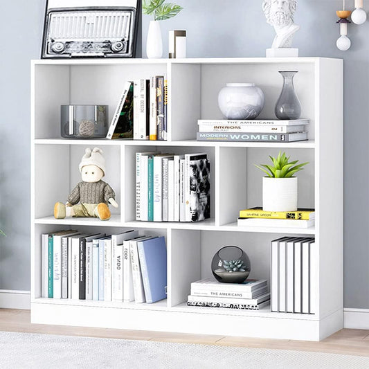 IOTXY Open Shelf Low Bookcase - Wooden 3-Tier Floor Standing Display Cabinet Organizer with Base, 7 Cubes Short Horizontal Bookshelf in Warm White