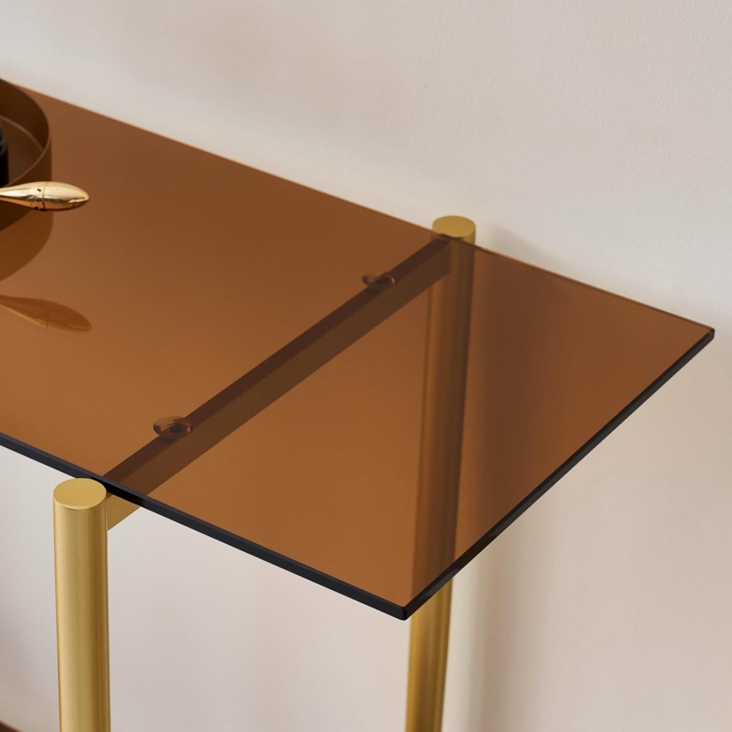 Glass Console Table for Living Room, Foyer & Entrance, 2-Tiers Mid-Century Modern Sofa Table with Amber Glass Top, Walnut Finish Wood Shelf and Gold Finish Frame