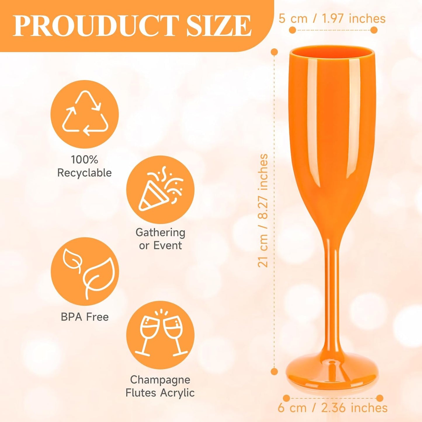 XUWAIDSGN Acrylic Champagne Flutes Toasting Glasses Unbreakable Mimosa Bar Reusable Wine Glasses Vintage Champagne Flutes Stemmed Drinking Cups 5.4 OZ for Christmas Birthday (10, Orange)