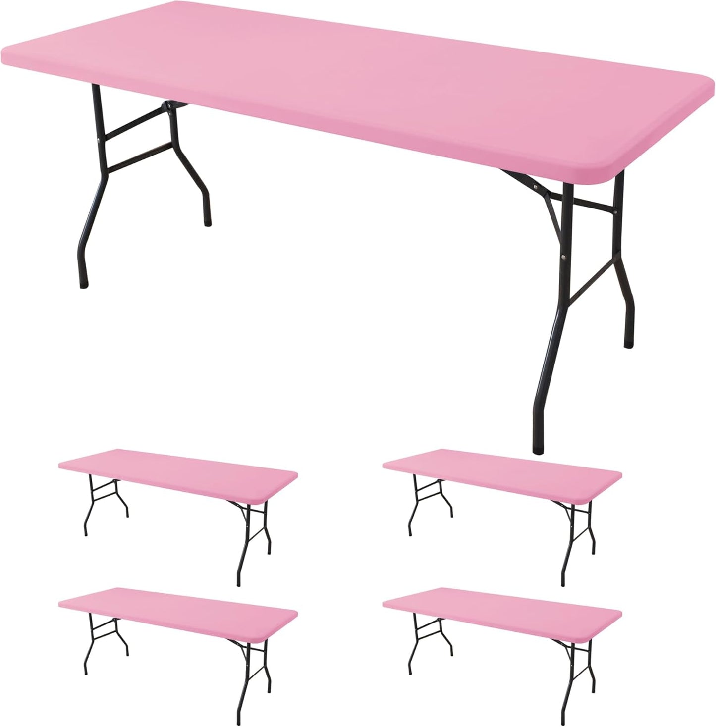 Fitted Tablecloth for 6 Foot Rectangle Tables-4 Pack Pink Elastic Outdoor Picnic Table Cover-Spandex Stretch Folding Table Cloths 6 ft for Camping Dining Room Patio Kitchen Banquet Party