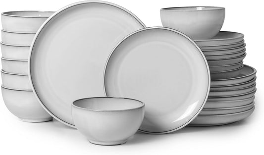 24 Piece Stoneware Dinnerware Set for 8, Moonstone White Plates and Bowls Set, Reactive Glaze Ceramic Dish Set, Durable & Chip Resistant, Modern Rustic Look, Microwave & Dishwasher Safe