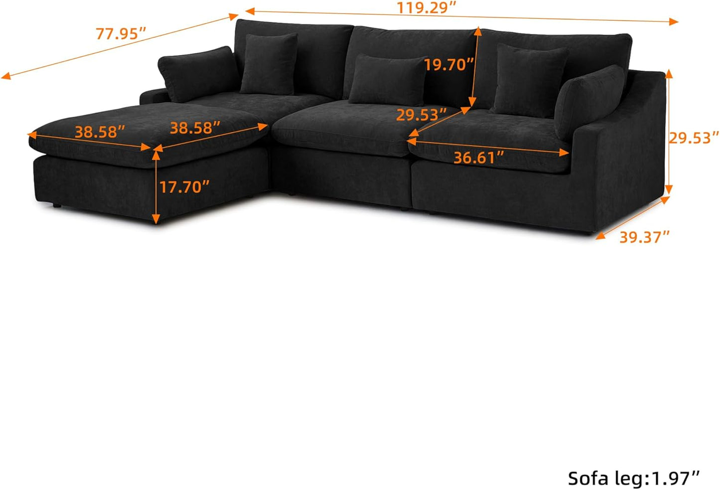 JACH L-Shaped Sectional Couches for Living Room, Cloud Sectional Couch with Deep Seat, Modular Sectional Sofa with Chaise, Covers Removeable & Washable, Sofas Furniture for Living Room, Black