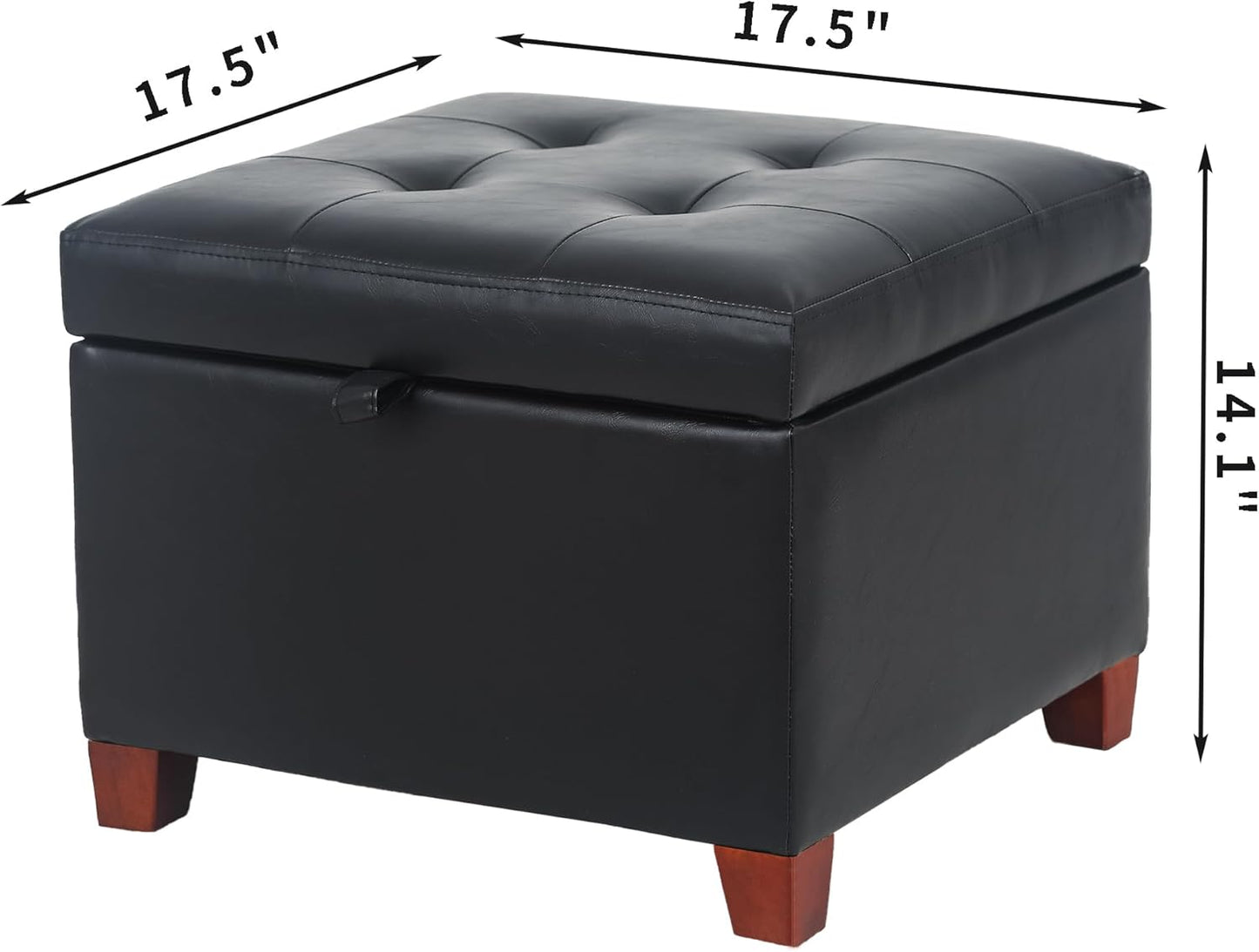 Adeco Faux Leather Storage Ottoman with Hinged Lid, 14 Inch High Black Square Cube Foot Stool with Storage, Upholstered Vanity Stool with Solid Wood Legs for Living Room, Bedroom, Dorm