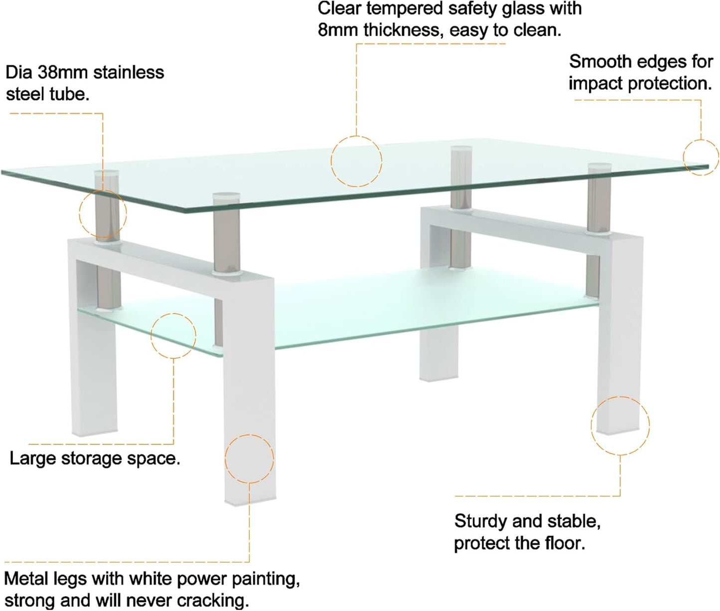 Glass Coffee Table Rectangle White Living Room Center Table, 39inch Transparent Tempered Glass Tabletop and Metal Frame, White + Clear Glass