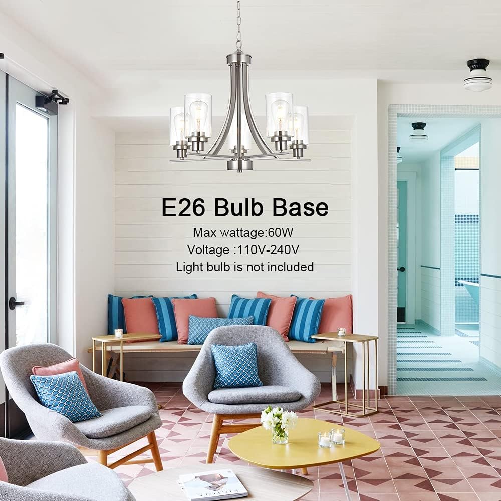 BONLICHT Traditional Chandelier Lighting 5 Light Brushed Nickel Modern Light Fixtures Hanging Pendant Lighting with Clear Glass Shade Classic Ceiling Lights for Kitchen Dining Room Living Room Island