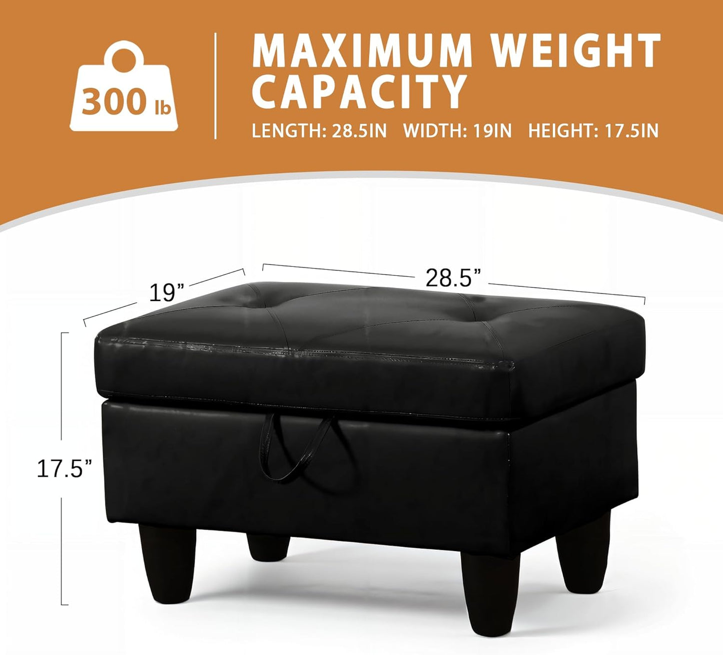 Ottoman Rectangular Storage Ottoman Bench, Faux Leather Footrest, Coffee Table, Stool Footstool with Hinged Lid for Living Room, Bedroom, Entryway, Black, 28.5"x19"x17.5"