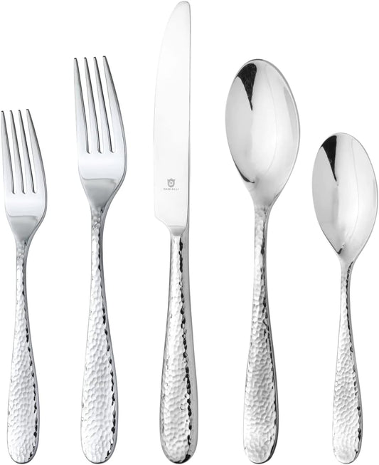 Hammered Silverware Set | Premium 18/10 Stainless Steel Flatware Service for 12 | Heavy-Duty & Dishwasher Safe | Built to Last (60-Piece, Fidenza Hammered)