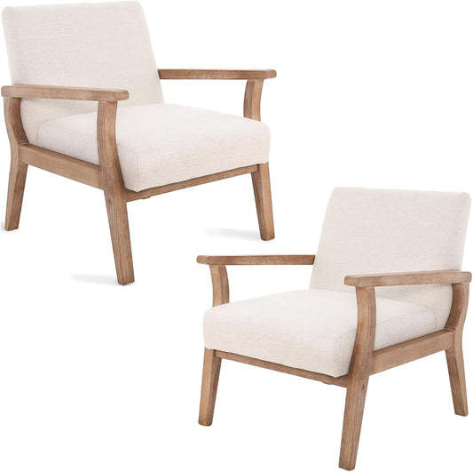Beige Accent Chair Set of 2 Mid Century Modern Living Room Armchair Wood Sitting Chair Linen Fabric Upholstered Side Chair for Bedroom Cream