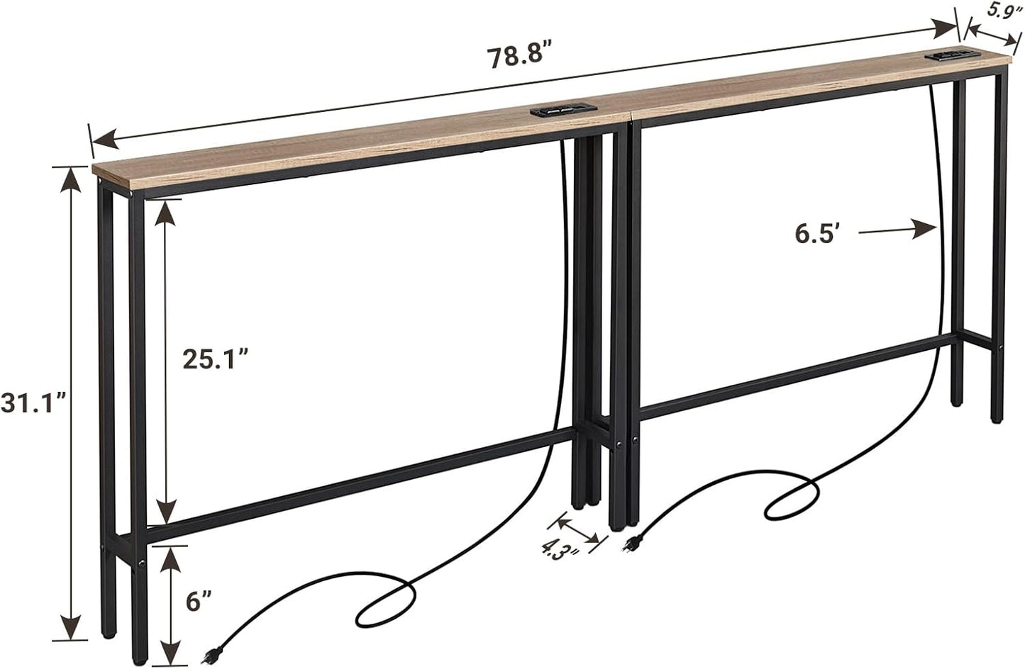 ELYKEN 2 Pack 5.9" Narrow Console Sofa Table with Power Outlets, 5.9" Dx39.4 Wx31.1 H Long Couch Table with Metal Frame and Charge Station with 6.5’ Extension Cord, White Oak