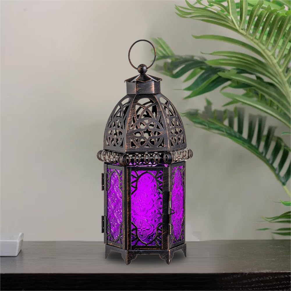 NEEDOMO Moroccan Candle Lantern, 12.8'' Hanging Lanterns Decorative Indoor Outdoor, Vintage Candle Holder for Chritsmas, Halloween, Table, Patio, Porch, Shelf, Gothic Home Decor (Purple)
