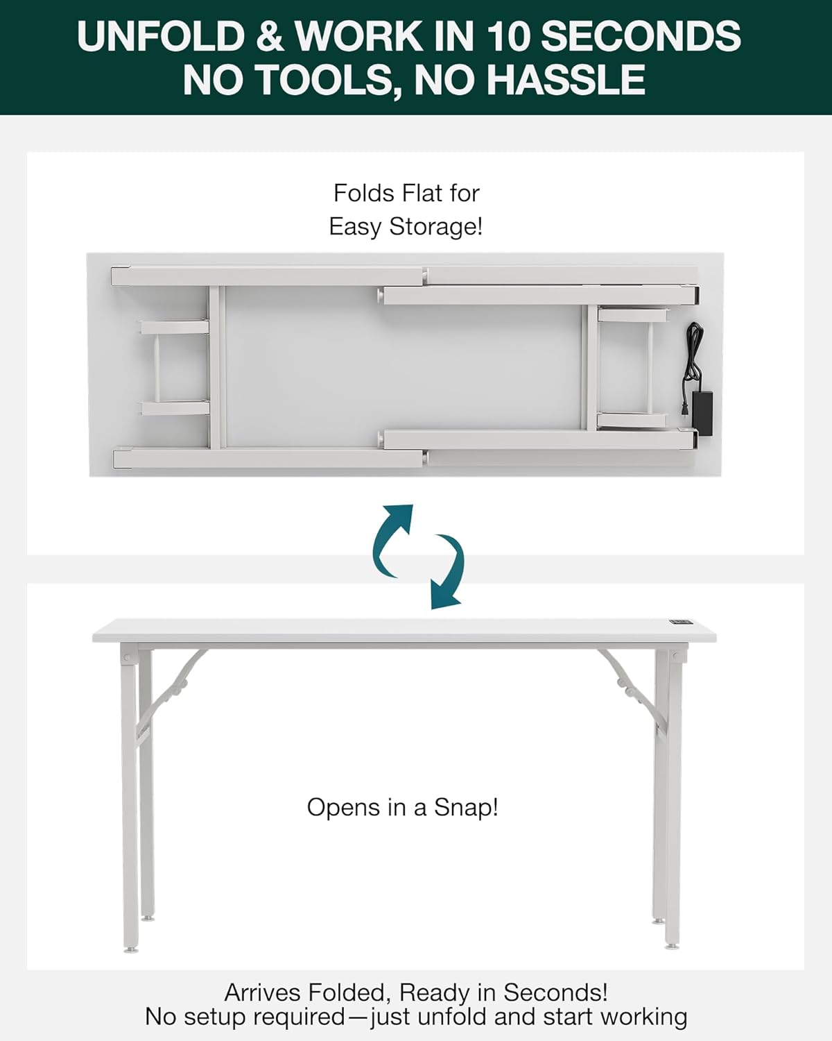 Frylr Small Folding Computer Desk – 55.1 Inch Portable Table for Craft and Study, Lightweight Desk for Small Spaces, Foldable Laptop Table Built-in AC/USB Outlets for Convenience, White