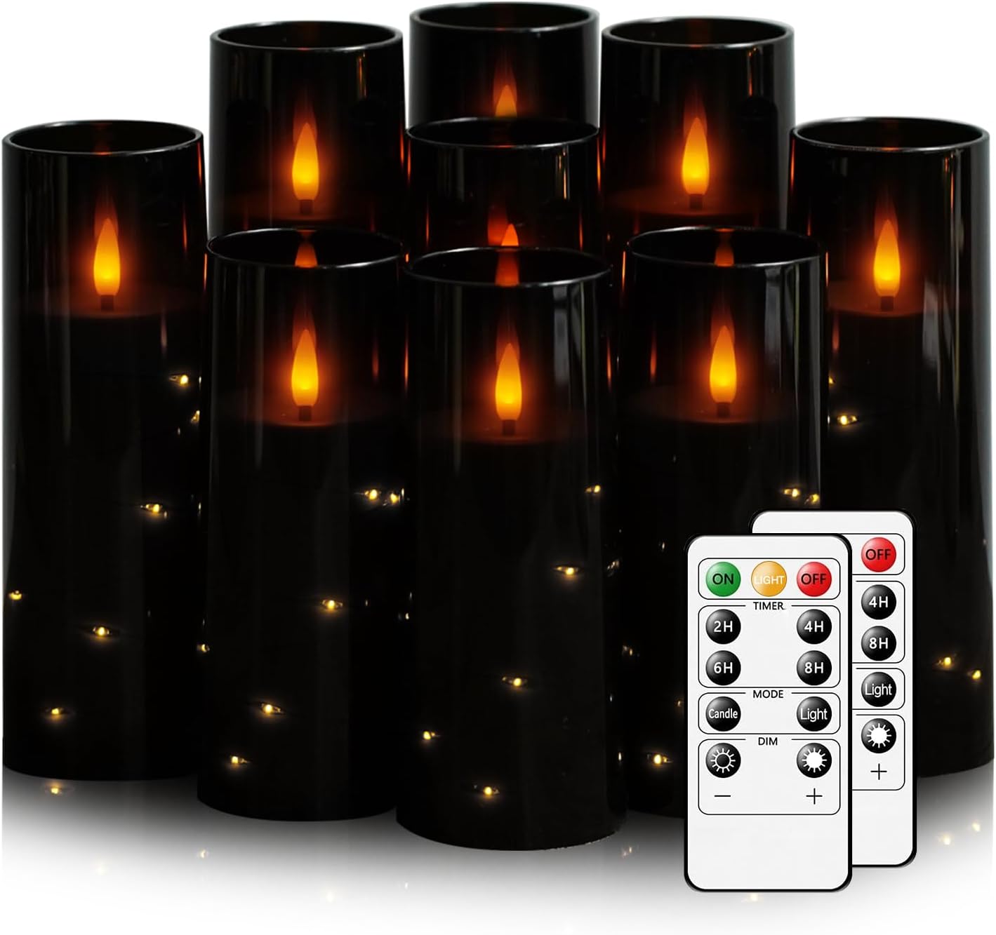Flickering Flameless LED Candles, 9 Pcs with Embedded Star String, Acrylic LED Pillar Candles with Remote, Suitable for Home Decoration (Black)