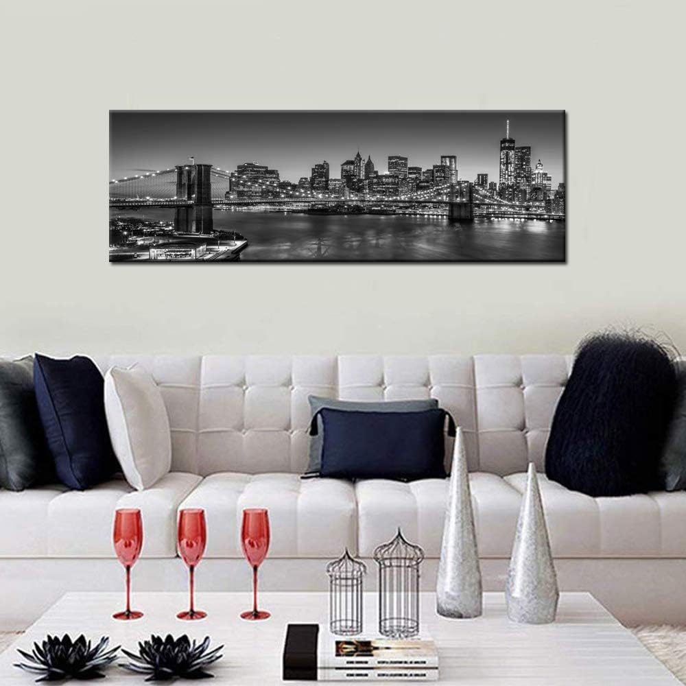 Biuteawal - Black and White Brooklyn Bridge Canvas Wall Art New York City Picture Print Manhattan Night Skyline Painting on Canvas Modern Home Office Wall Decoration Ready to Hang