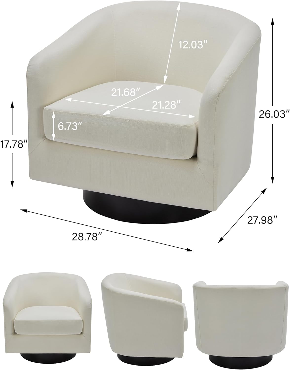 Swivel Barrel Accent Chair, Modern Round Linen Arm Chair for Living Room, Bedroom, Comfy Club Reading Chairs for Adults（Linen Fabric, Beige, Set of 1