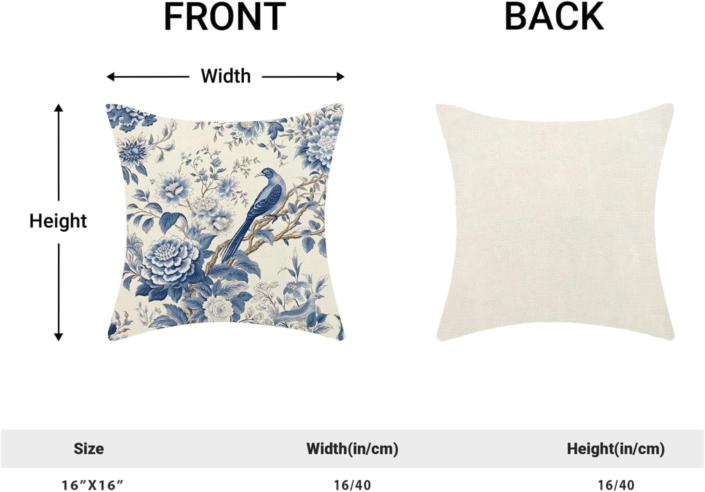 CXMEIFLY Spring Floral Pillow Covers 16 x 16 Inch Set of 2 for Chinoiserie Flowers Bird Decor Throw Pillows Vintage Blue and White Plant Outdoor Decorative Cushion Cases for Couch Bed Decorations
