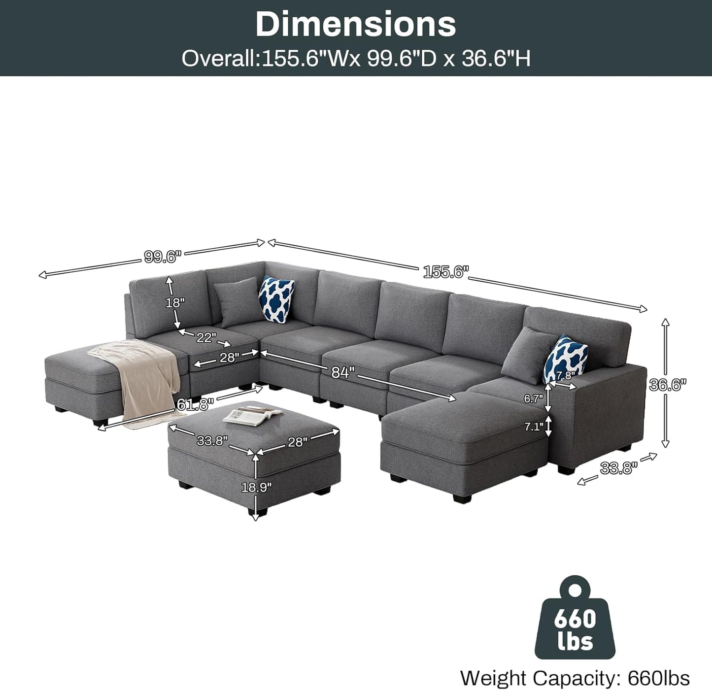 L Lengend Vansen Modular Sectional Sofa U Shaped Couch with Ottoman Modern Reversible Corner Sectional Couch for Living Room (Dark Grey, U Shaped Sofa-4)