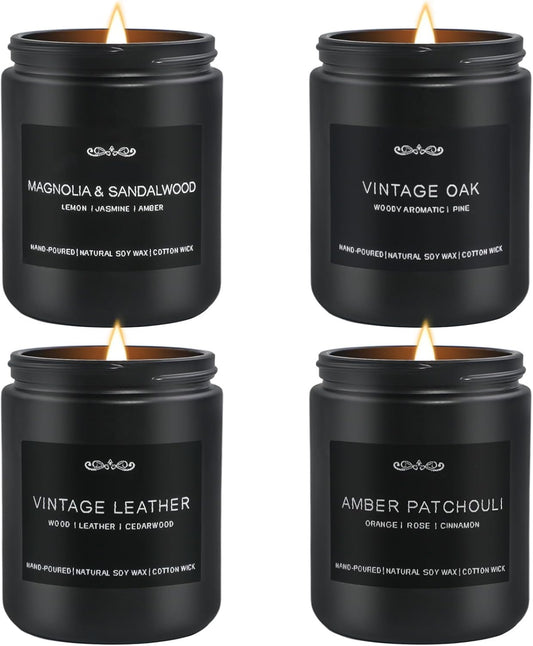 Scented Candles Gifts, Gift for Men, 4 Pack Candles Set, Soy Candle for Home Scented, Birthday Gifts Candle Set for Men Scents of Magnolia Sandalwood/Oak/Amber Patchouli/Leather