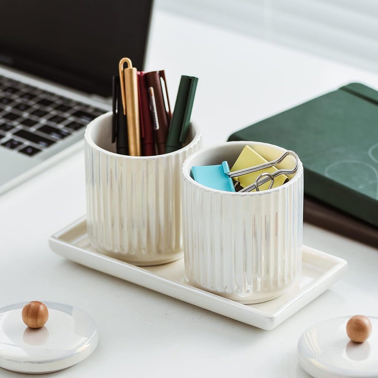 Ceramic Bathroom Canister Set with Coordinating Small Vanity Tray Qtip Holder Dispenser for Cotton Ball,Swab,Pads, Floss, Bathroom Storage Jars with Lids Pearl White