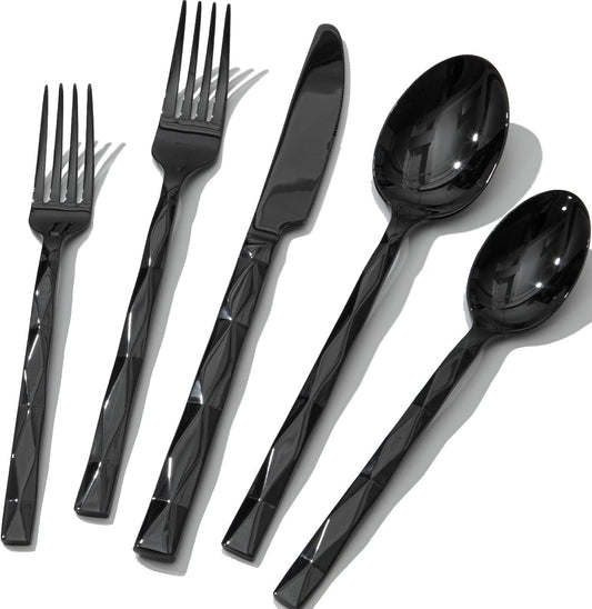 KINGSTONE Black Silverware Set, Luxury 40 Piece Flatware Set for, 18/10 Stainless Steel Cutlery Set with Diamond Cut Pattern for Kitchen, Home, Wedding, Party, Mirror Polished and Dishwasher Safe