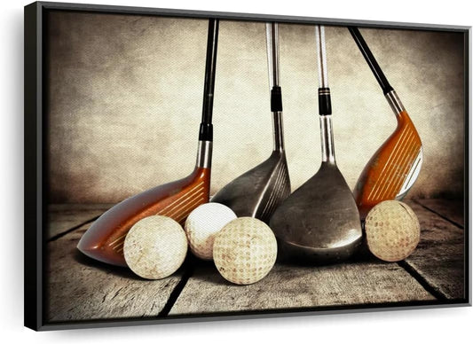 ElephantStock Golf Sets Wall Art - Horizontal Framed Canvas - 1-Piece Mancave Wall Decor - Photography Sports Canvas Print - Yellow and Brown Decor for Wall - 43" X 29"