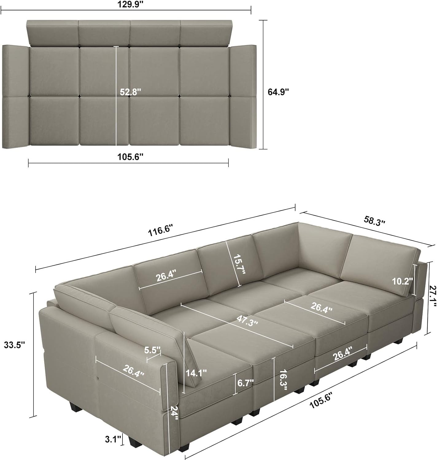 Belffin Modular Sectional Sofa with Storage Chaises Sectional Sleeper Sofa Couch 8 Seat Sectional Bed Grey