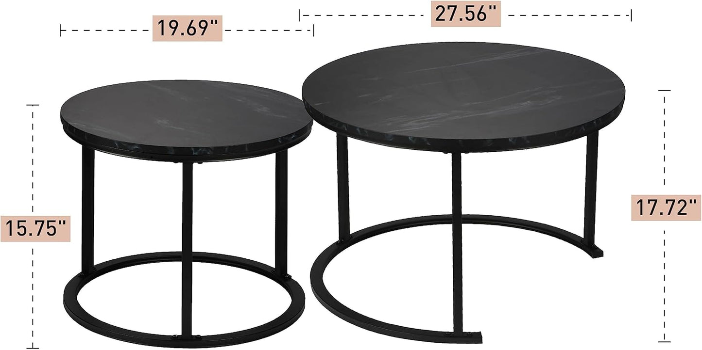 Round Modern Nesting Coffee Table Set of 2,Waterproof Faux Marble Wood Top & Metal Frame and Easy Assembly for Living Room,Office,Balcony (Black+Black