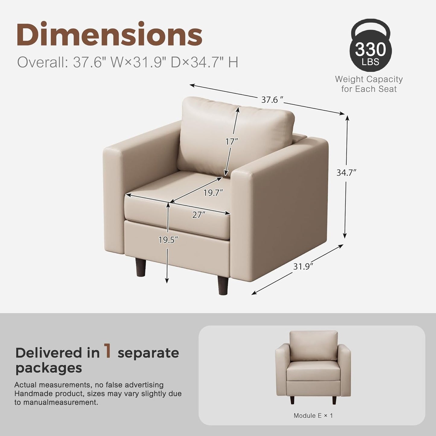 ABCASA Faux Leather Single Sofa, Modern Accent Chair Whitesand with Storage Deep Seat Large Reading Armchair for Living Room Bedroom Office