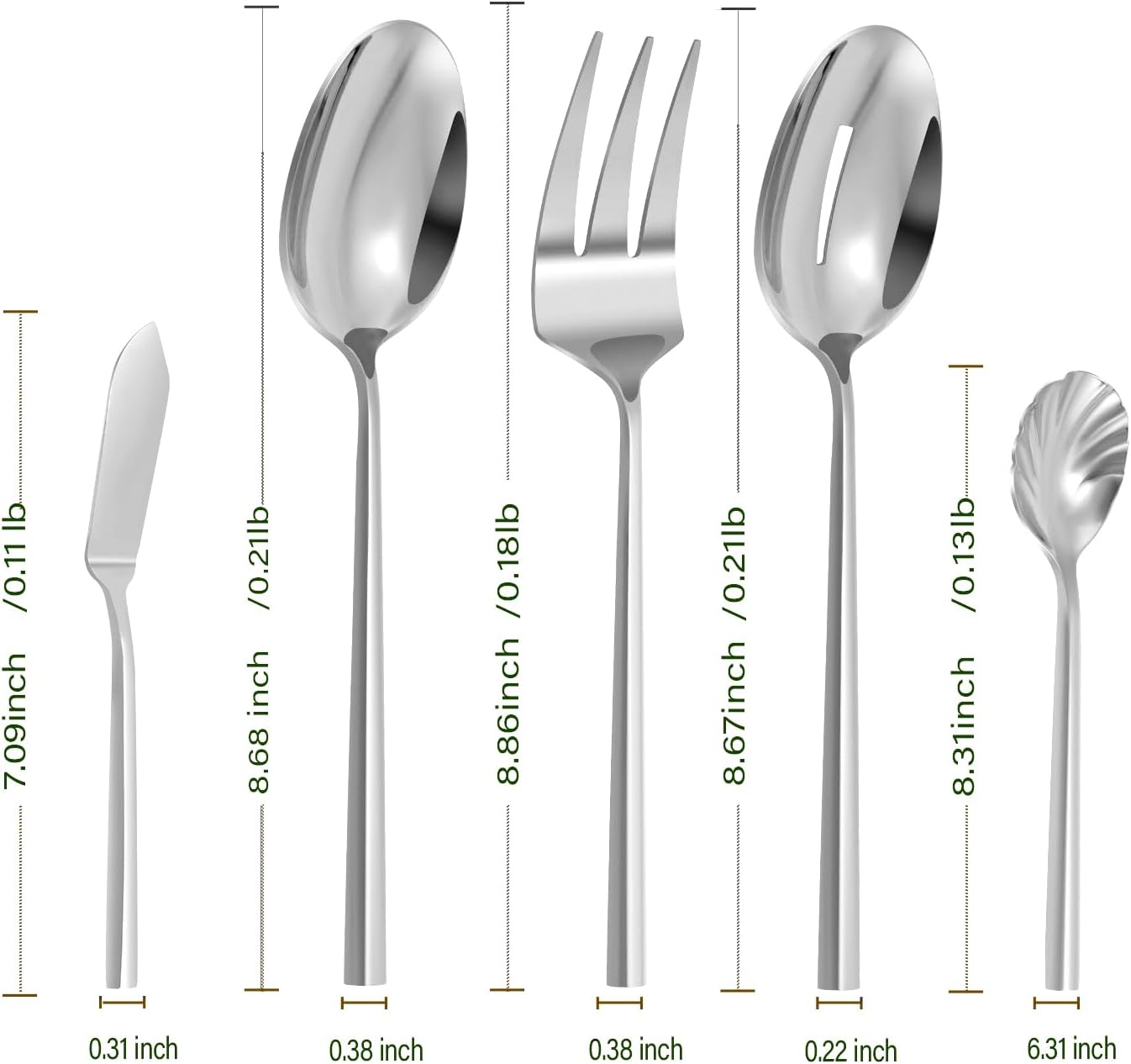 Silverware Serving Set 5-Piece Mirror Polished Stainless Steel Flatware Thick Handle Hexagon Cutlery Serving Utensils Set