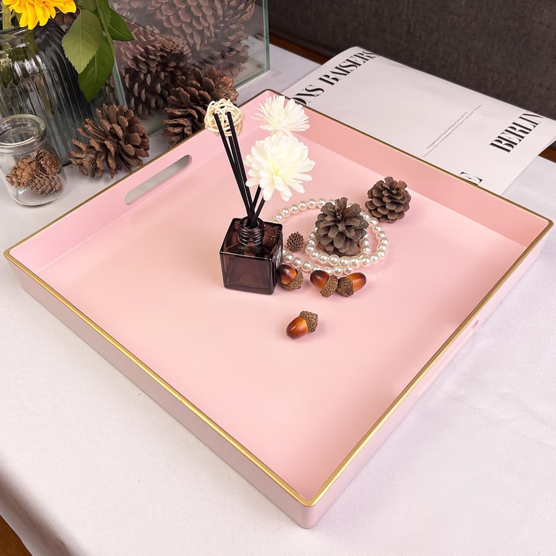 Pink Decorative Tray, Square Serving Tray with Handles, Plastic Coffee Table Tray for Ottoman, Living Room, Kitchen Tabletop, 13"x13"x1.6"