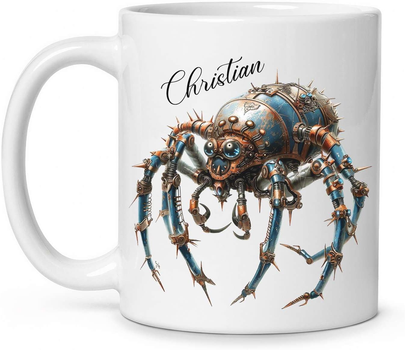 Personalized Steampunk Insect Mug, Customizable Name Mechanical Character Coffee Cup 11oz, Unique Cyberpunk Design Ceramic Mug, Customized White Cup Gift For Sci-Fi Enthusiasts