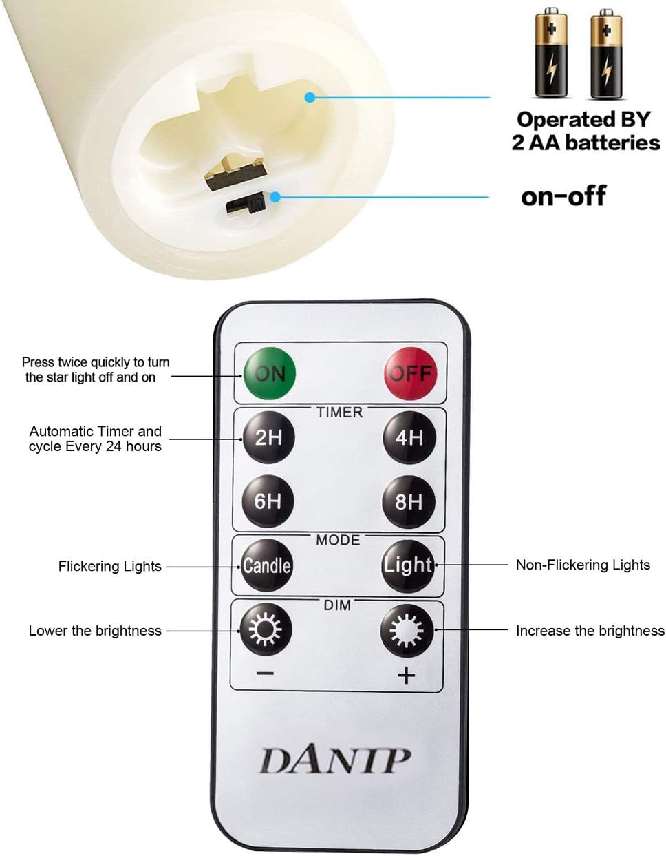 danip flameless Candle, with Embedded String Lights, 5-Piece LED Candles, with 10-Key Remote Control, 24-Hour Timer Function, Dancing Flame, Real Wax, Battery-Powered. (Ivory White)