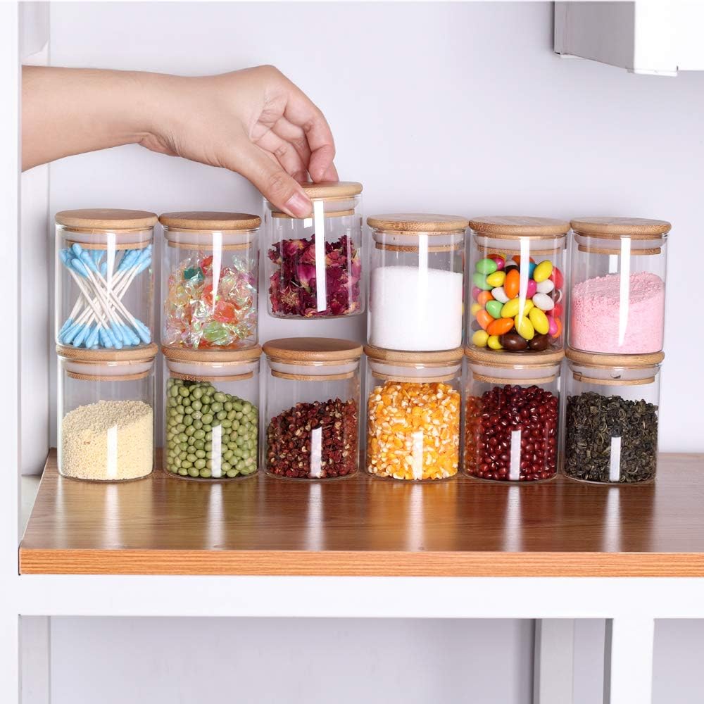 Glass Jars Set,Upgrade Spice Jars with Wood Airtight Lids and Labels, 6oz 12 Piece Small Food Storage Containers for Home Kitchen, Tea, Herbs, Sugar, Salt, Coffee, Flour, Herbs, Grains…